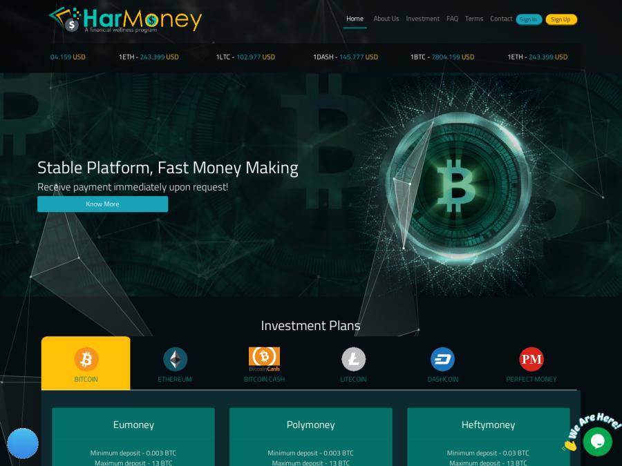 Harmoney - хайп со средним профитом +2% на 30 дней, депозит от 0.003 BTC