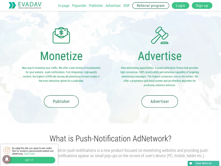 EvaDav - монетизация любого геотрафика push-уведомлениями и popunder
