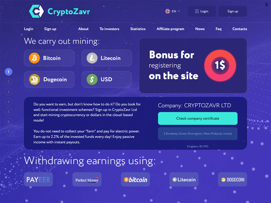 CryptoZavr LTD - псевдомайнинг - новинка: 1.0% - 2.2% в день навсегда, от $8