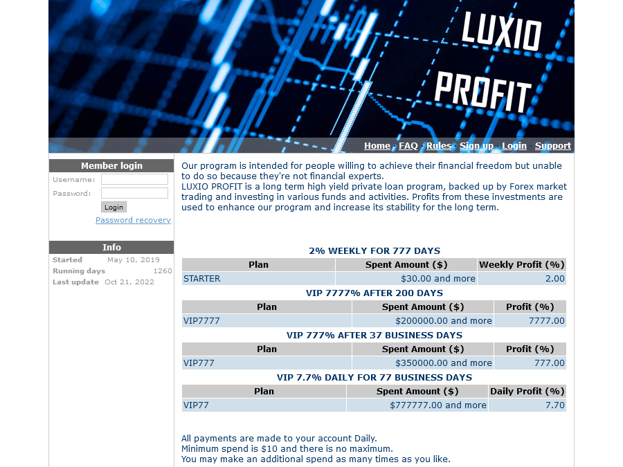 Luxio Profit - долгосрочный партизан: 2% в неделю на 777 дней (222%), $30