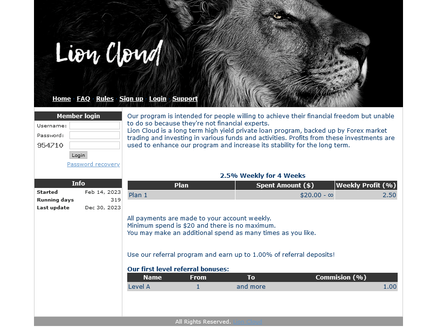 Lion Cloud - рабочий парт: 2.5% один раз в неделю сроком на 4 недели, $20