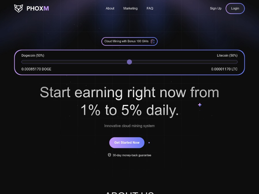 Phoxm - Mining - облачный майнинг DOGE - LTC, бонус 100 Gh/s + СТРАХОВКА