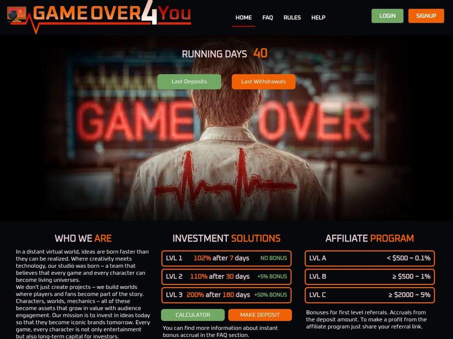 Game Over - инвестиционные афтепланы 102% через 7 дн / 110% через 30 дн