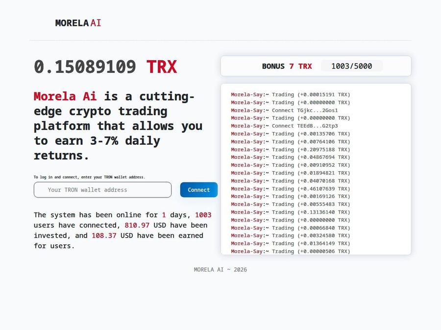 Morela Ai - заработок Tron TRX онлайн: 3 - 7% в день, от $15 + СТРАХОВКА
